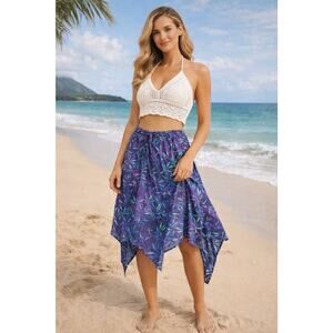 Vintage Hawaiian Rayon Skirt Purple Tropical Leaf Boho Festival Flow Beachy